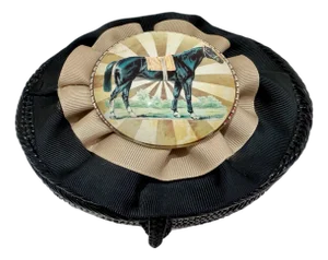 Equestrian Horse Ribbonwork Round Covered Box Black Woven Keepsake