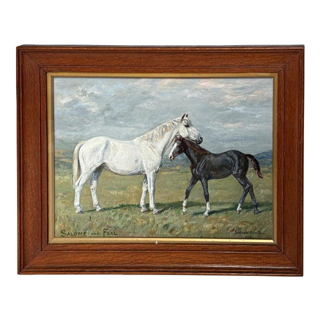 1936 “Salome and Foal” English Equestrian Horse Painting Oil on Canvas Board by Imogen Muntz For Sale