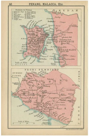 Miniature Map of Penang and Malacca and Negri Sembilan by John Bartholomew, 1908