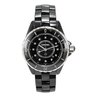Ladies Chanel J12 Black Ceramic 33mm H1625 Icon 12 Diamond Steel Quartz Watch For Sale