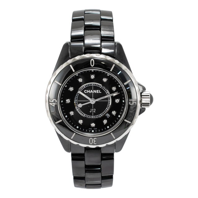 Ladies Chanel J12 Black Ceramic 33mm H1625 Icon 12 Diamond Steel Quartz Watch For Sale