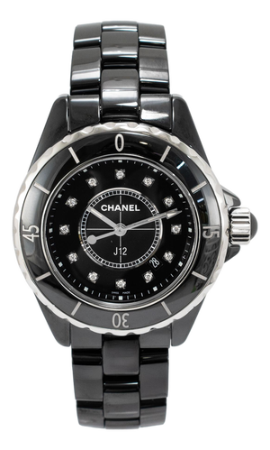 Ladies Chanel J12 Black Ceramic 33mm H1625 Icon 12 Diamond Steel Quartz Watch