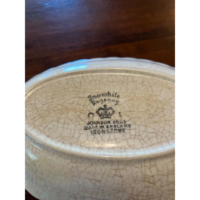 Vintage oval ironstone serving bowl by Johnson Brothers in the Snowhite Regency pattern. Made in England, with a scalloped...