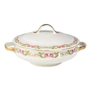 w.m. Guerin Limoges “Rose & Stem” Covered Serving Bowl, Hand-Gilded French Porcelain Circa 1900–1932