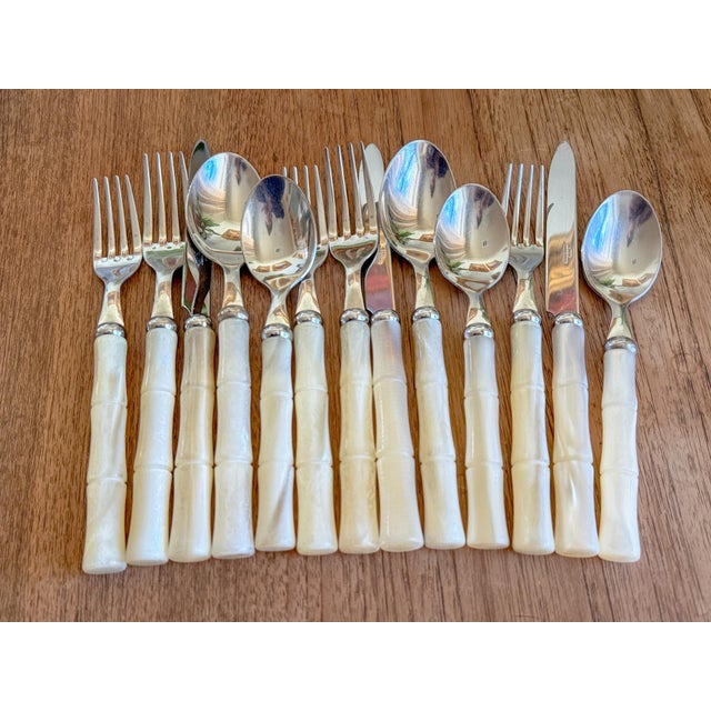 Hollywood Regency Vintage Italian Faux Mother of Pearl Bamboo Flatware For Sale - Image 3 of 9