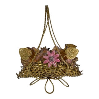 1920s Loetz Style Iridescent Glass Bowl in Bronze Basket For Sale
