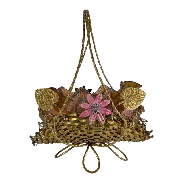 1920s Loetz Style Iridescent Glass Bowl in Bronze Basket For Sale