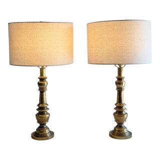 Vintage Brass Neoclassical Hollywood Regency Baluster Table Lamps With Linen Drum Shades - a Pair For Sale