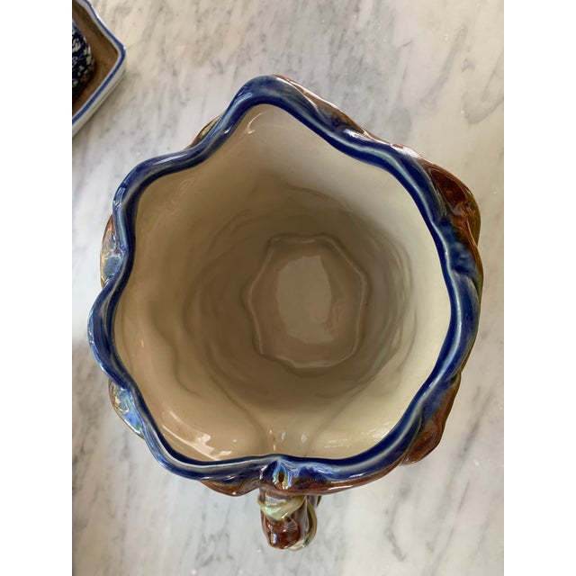 Blue Vintage Majolica Pitcher Berries & Flowers Cachepot For Sale - Image 8 of 8