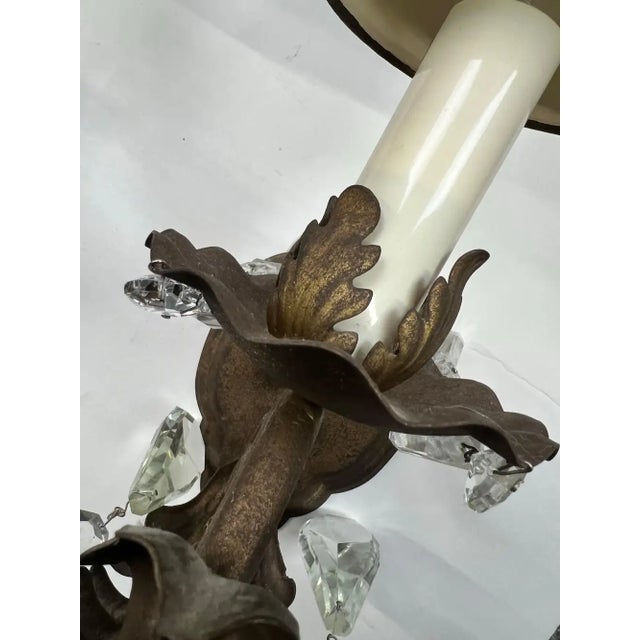 1960s French Regency Style Bronze Wall Sconces With Crystal Drops and Shades, a Pair For Sale - Image 11 of 13