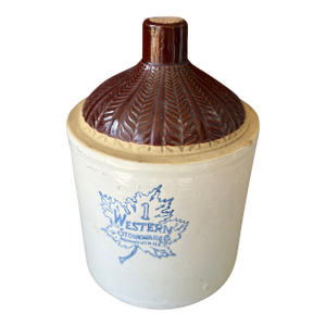 Western Stoneware 1 Gallon Vintage Crock Jug With Embossed Brown Handle Lid & Maple Leaf