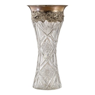 American Brilliant Cut Crystal Vase With Sterling Silver Neck Collar in Ornate Repousse Floral Design For Sale