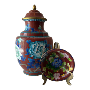 Mid 20th Century Chinese Cloisonné Chalice Urn & Dish on Brass Stand - Set of 2