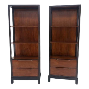 7.5' Tall Custom Mahogany Etageres Adjustable Shelves Dresser Drawers - A Pair