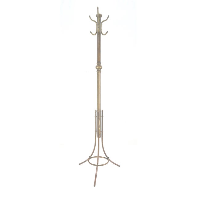 Brass Vintage c1950s Solid Brass Tube Tripod Base Free Standing Coat Rack Nice Patina! For Sale - Image 8 of 13