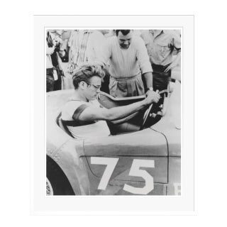 James Dean Behind the Wheel in His Porsche Racer White Framed Archival Pigment Print For Sale