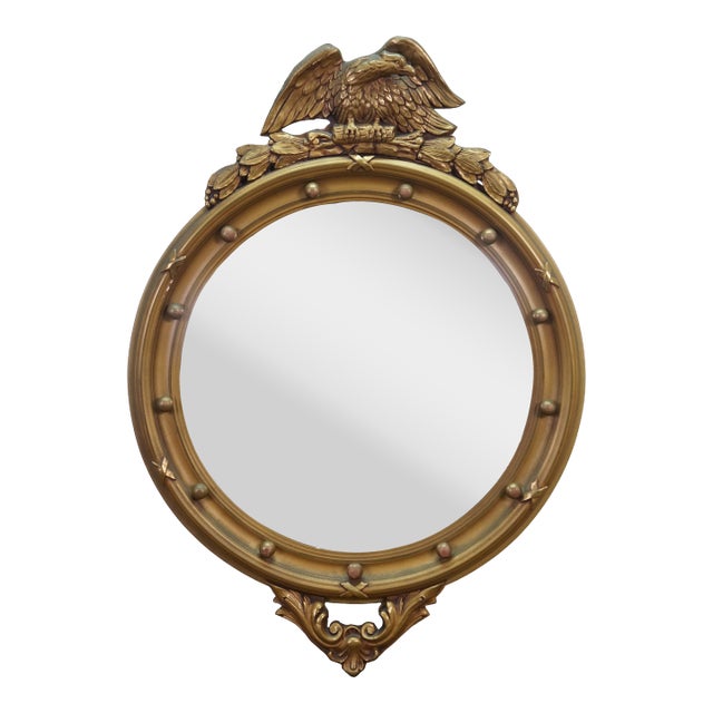 Antique Federal Giltwood Convex Bullseye Rondel Eagle Wall Mirror 31" For Sale