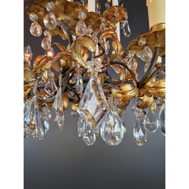 Brass 1930s Art Deco Candle Light Traditional Antik Wrought Iron Crystal Ceiling Chandelier For Sale - Image 8 of 10