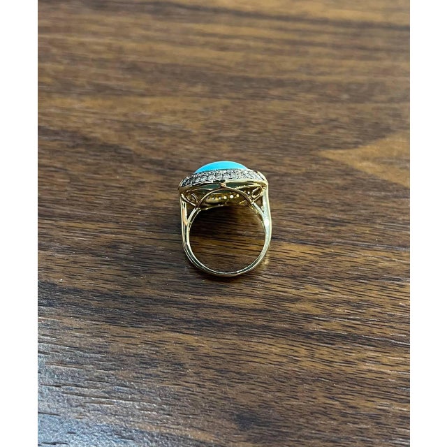 Blue Round Blue Teal Turquoise Diamonds Halo Pave Set 14k Yellow Gold Cocktail Ring, Size 6 For Sale - Image 8 of 12