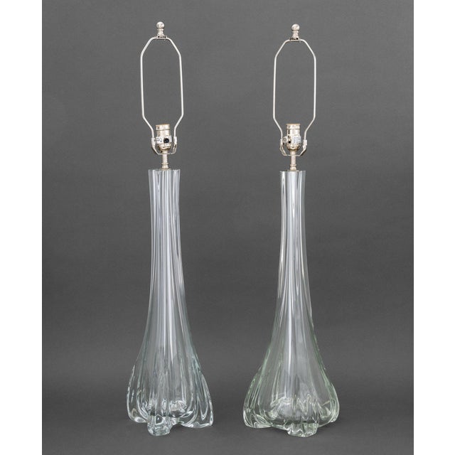 Vaughan Designs Glass Column Lamps, tapering body, single light fixture, one with Vaughan label underside. Larger: 35" H x...