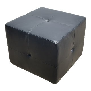 1980s Vintage Footstool Ottoman Pouf Reupholstered in Black Leather Tufted For Sale