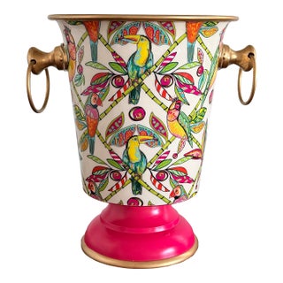 Hot Pink Tropical Themed Tole Cachepot/Champagne Bucket With Gold Accents and Handles For Sale