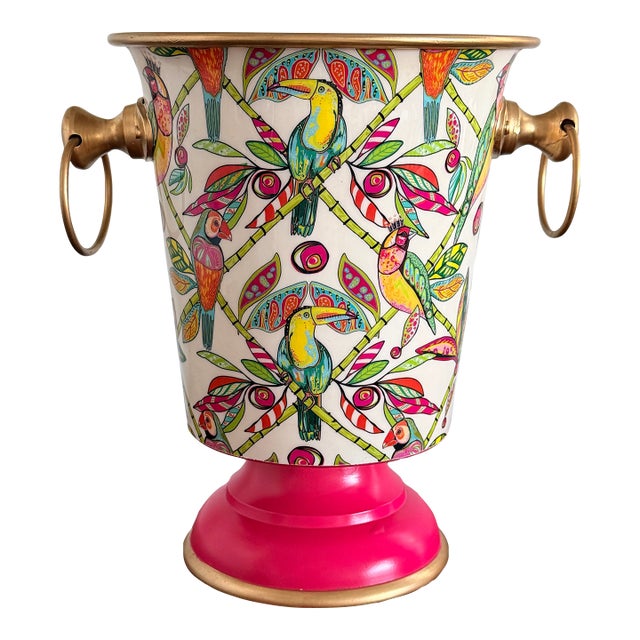 Hot Pink Tropical Themed Tole Cachepot/Champagne Bucket With Gold Accents and Handles For Sale