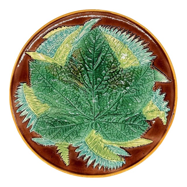 George Jones Majolica Maple Leaf and Ferns Plate on a Brown Ground, Ca. 1870 For Sale