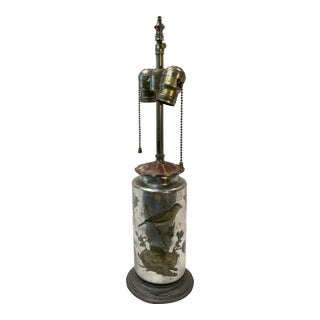 Vintage Decalcomania “Bird and Butterfly” Silver Mercury Glass Table Lamp For Sale