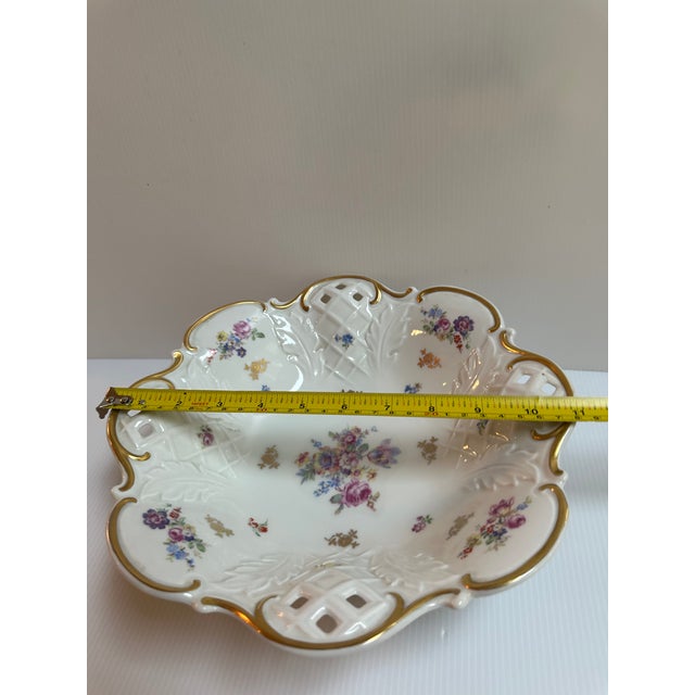 1970s Reichenbach Germany 11" Diameter Footed Floral Gold Trim Reticulated Dish For Sale - Image 11 of 18