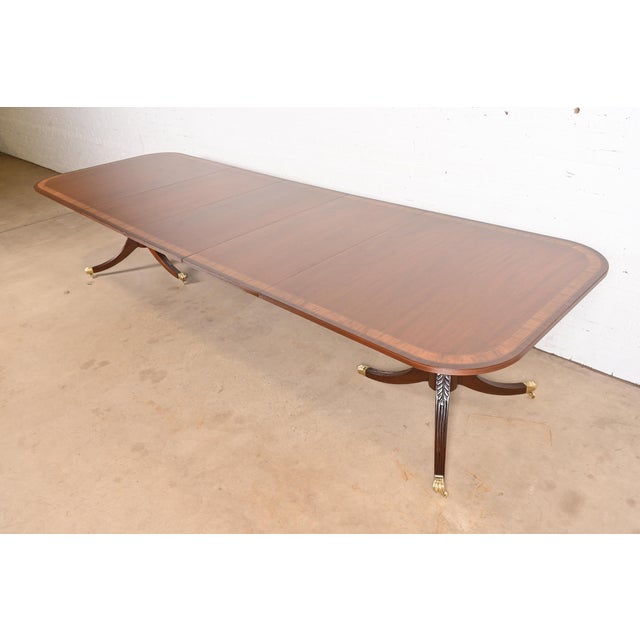 Baker Furniture Style Georgian Banded Mahogany Double Pedestal Extension Dining Table, Newly Refinished For Sale - Image 13 of 13