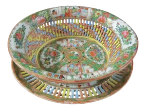 Chinese Rose Medallion Reticulated Porcelain Chestnut Basket With Underplate