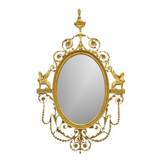 18th C Style Regency Giltwood Oval Wall Mirror W Egyptian Sphinx For Sale