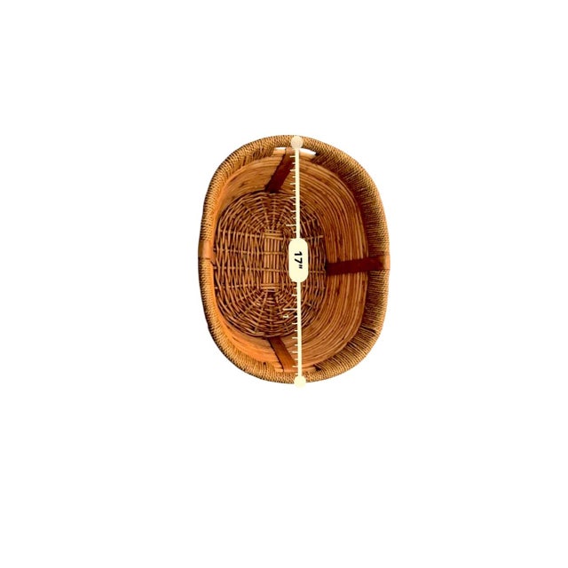 Vintage Woven Oval Pencil Reed Basket W/ Rattan Rim & Wooden Straps For Sale - Image 9 of 10