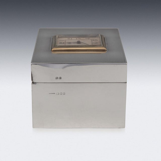 20th Century English Art Deco Solid Silver Cigarette Box with Clock, London, 1920s For Sale - Image 6 of 18