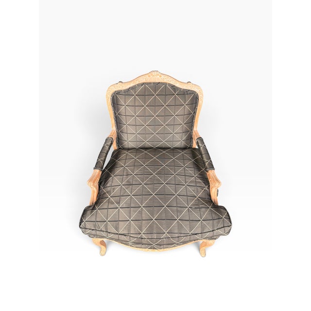 Black Vintage Louis XV Style Carved Wood Bergère Chair in Black & Cream Geometric Fabric For Sale - Image 8 of 16