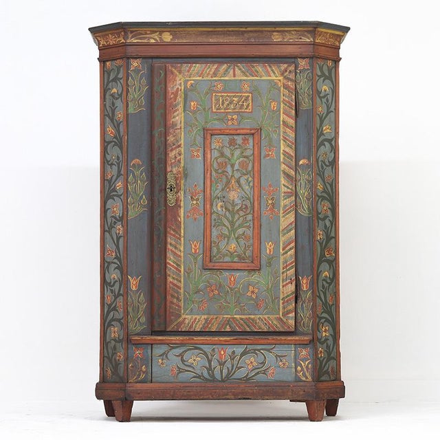 Rustic Farmhouse Folk Art Painted Bridal Cabinet, 1834 For Sale - Image 4 of 16