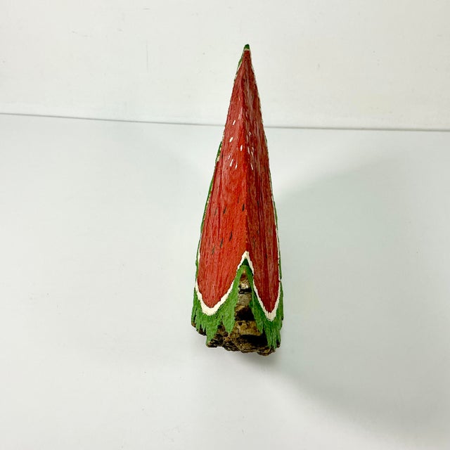 Ruby Red Vintage Folk Art Boho Chic Arts & Crafts Elm Wedge Watermelon Sculpture, Hand Carved, Painted For Sale - Image 8 of 12