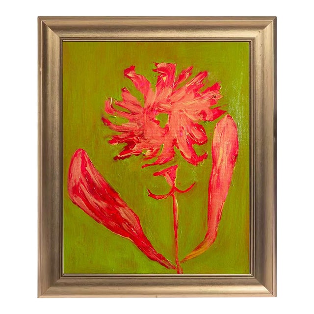 Pink Flower Painting, Original 11x14 Oil and Acrylic, Gold Hot Pink Floral on Olive Green, Modern Botanical Art, Framed Tatiana Duperault For Sale