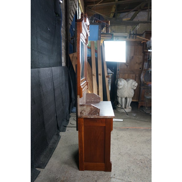Antique Victorian Eastlake Walnut Burl Marble Washstand & Mirror Commode Cabinet For Sale - Image 14 of 18