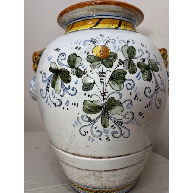 Monumental Antique Hand Painted Italian Majolica Terracotta Pottery Olive Vase For Sale - Image 15 of 15