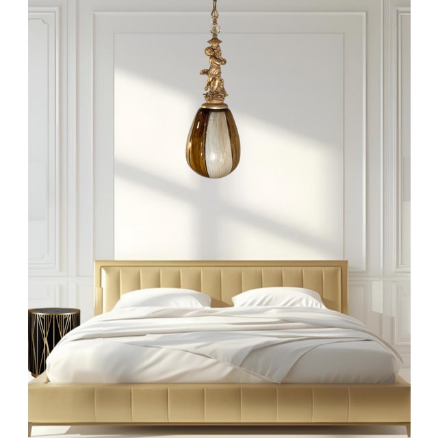 Murano Art Glass Aventurine Ovoid Shade With a Cherub Sculpture Pendant Light For Sale - Image 11 of 18