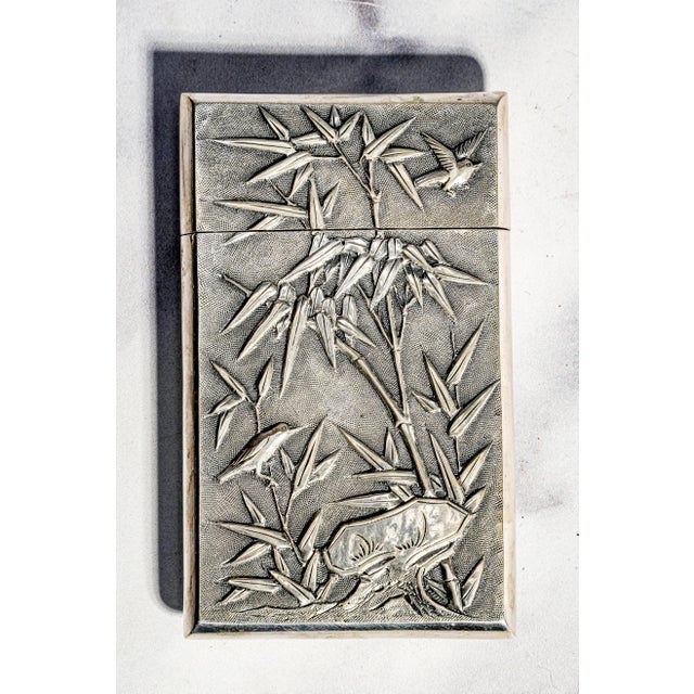 Refined Antique Chinese Export 900 Silver Calling Card Case Holder Dragon Bamboo Bird Asian Design For Sale - Image 12 of 17