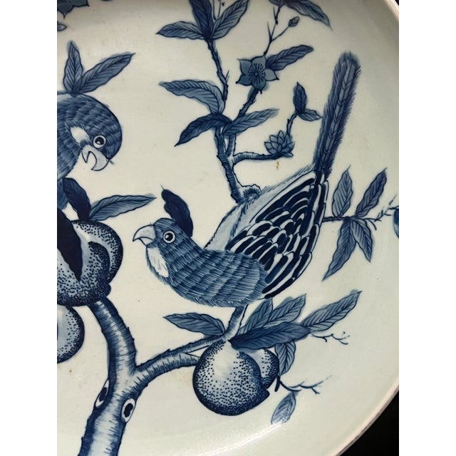 Ceramic Late 20th Century Chinese Art Large Porcelain Blue and White Charger With Love Bird Design For Sale - Image 7 of 10