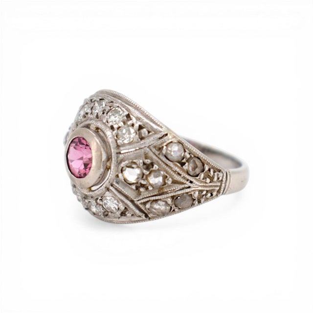 Antique Art Deco Platinum Ring - Pink Tourmaline & Diamonds - Circa 1920, Size 5 For Sale - Image 4 of 6