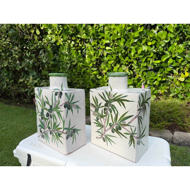 Antique Hand-Painted Olive Motif Crackle Glazed Pottery Vessels, Pair For Sale - Image 9 of 14