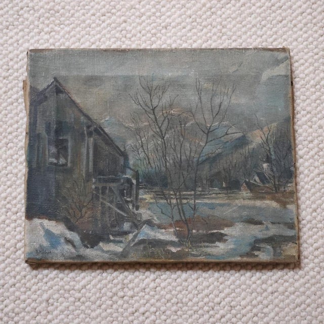 This 20th century French winter river painting captures a quiet rural scene with a soft, moody atmosphere and restrained...