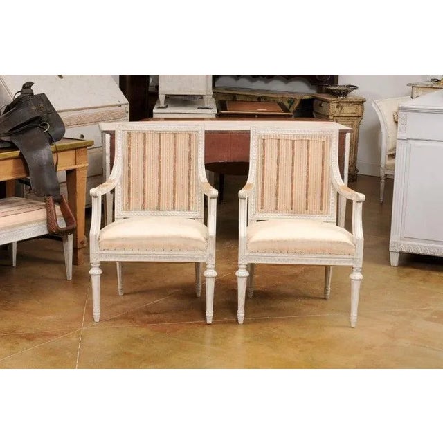 1900s Swedish Gustavian Style Painted Wood Armchairs with Carved Aprons - A Pair For Sale - Image 11 of 11