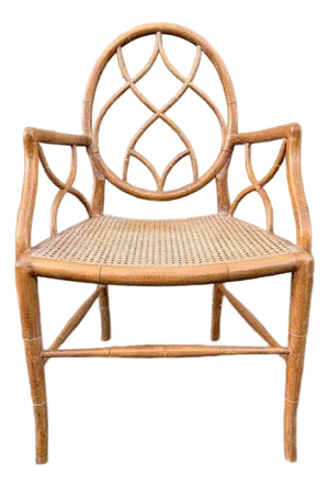Vintage McGuire Style Faux Bamboo Rattan Spider Web Design Cracked Ice Caned Seat Armchair