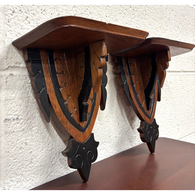 Antique Arts and Crafts Gothic Revival Exposed Peg Wall Brackets - Pair For Sale - Image 4 of 8